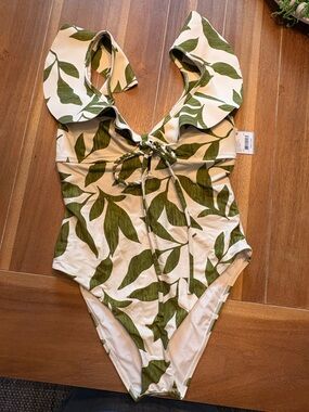 ANTONIO MELANI Cream and Olive Leaf-Print Swim One-Piece